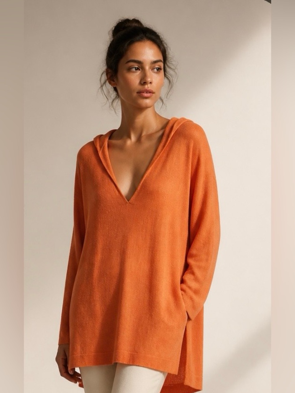 EILEEN FISHER Cotton Cashmere Hooded Tunic Sweater Orange Heather Deep V Neck